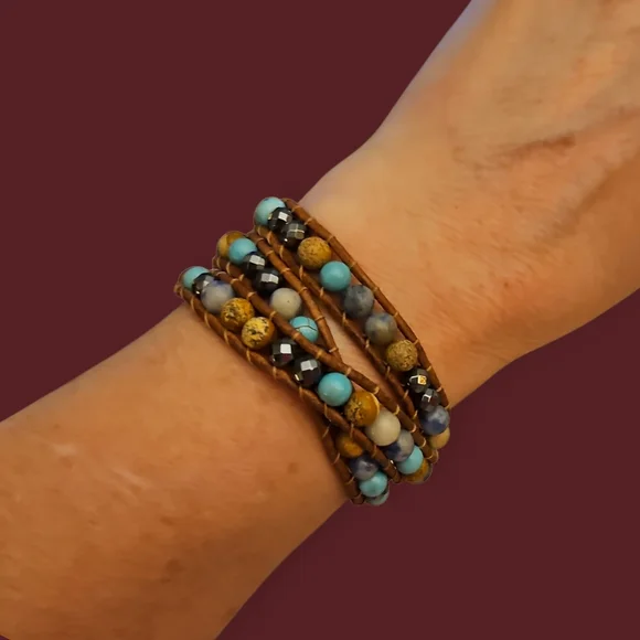 Bohemian Multi-Color Gemstone Beaded Leather Adjustable Wrap Bracelet - Picture 1 of 7